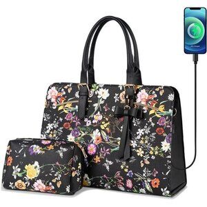 2pc Set Luxury Floral Laptop Bag Briefcase with USB Port